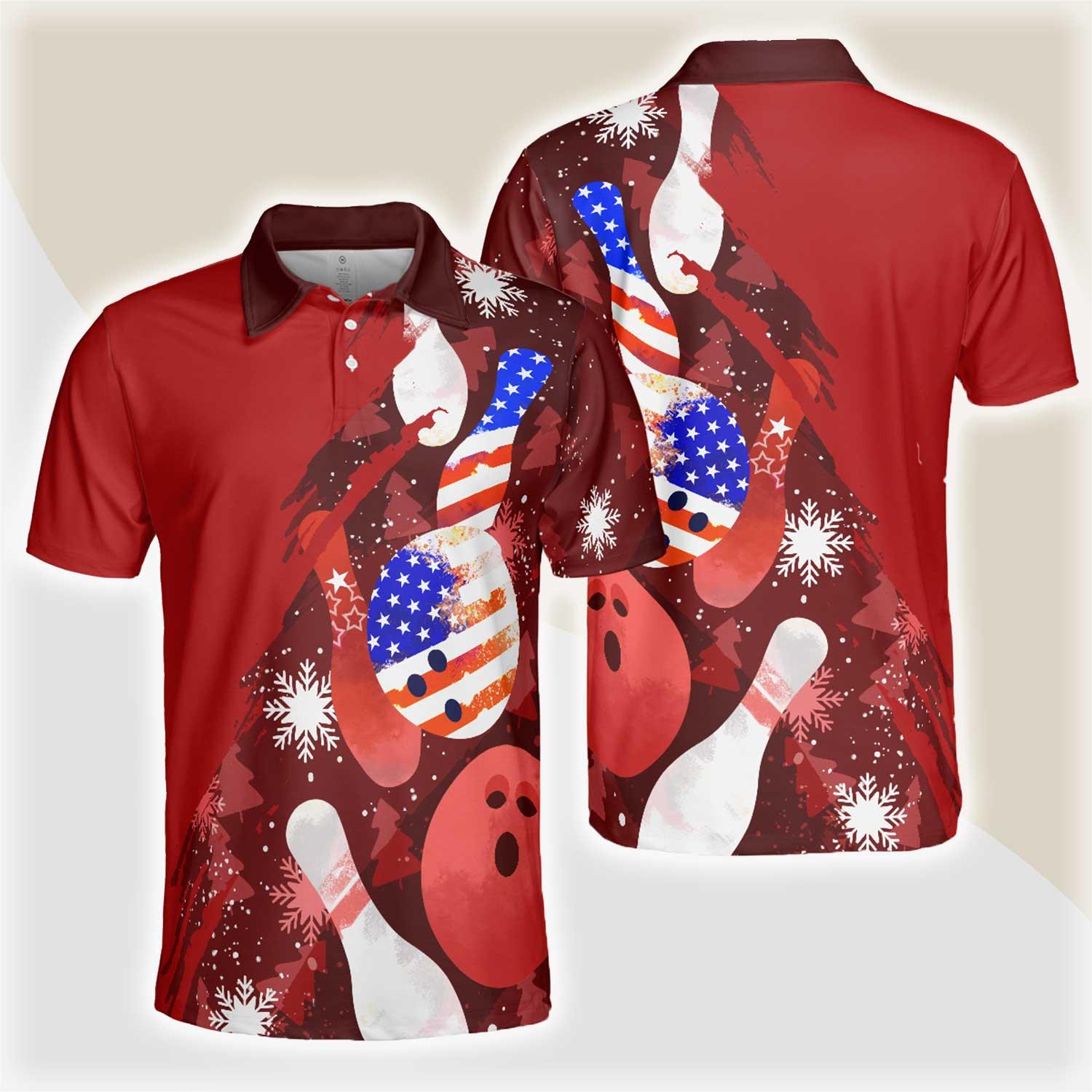 Bowling Men Polo Shirt - American Flag Christmas, Bowling Ball and Pins Bowling Polo Shirt For Men - Gift For Bowling Lovers, Bowlers - Amzanimalsgift