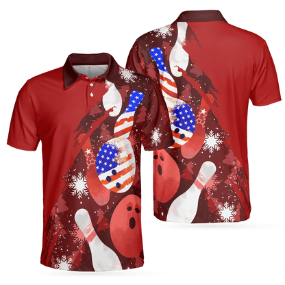 Bowling Men Polo Shirt - American Flag Christmas, Bowling Ball and Pins Bowling Polo Shirt For Men - Gift For Bowling Lovers, Bowlers - Amzanimalsgift