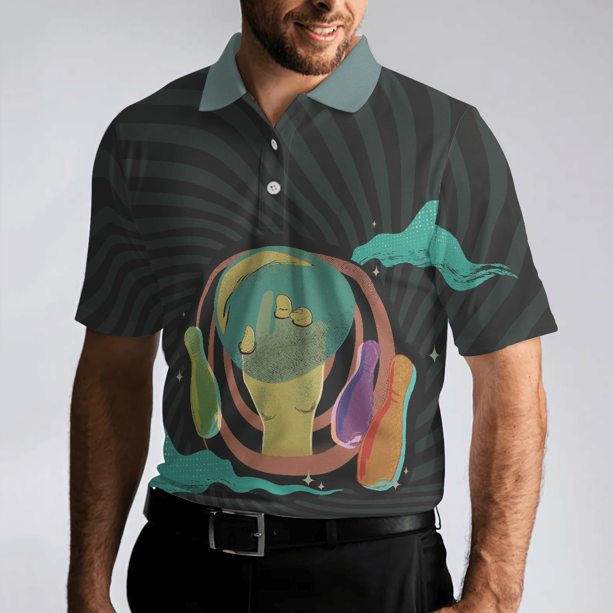 Bowling Men Polo Shirt - Artistic Bowling Transparent Bowling Polo Shirt For Men - Perfect Gift For Friend, Family, Bowling Lovers - Amzanimalsgift