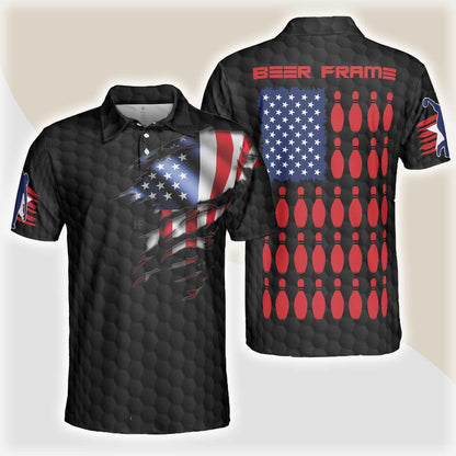Bowling Men Polo Shirt - Beer Frame With American Flag Bowling Polo Shirt For Men - Perfect Gift For Friend, Family, Bowling Lovers - Amzanimalsgift
