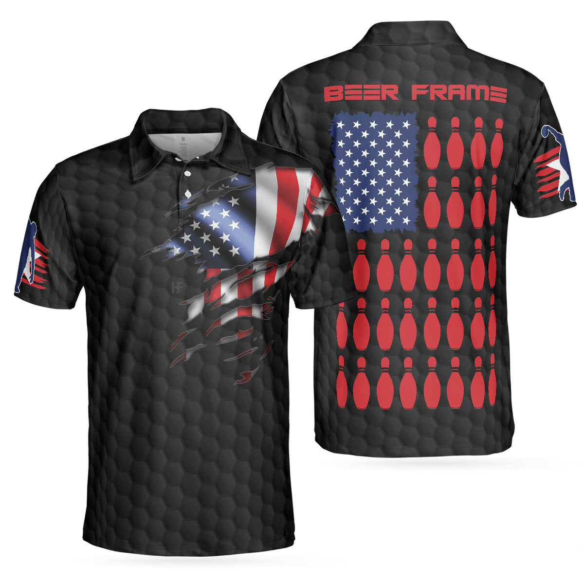 Bowling Men Polo Shirt - Beer Frame With American Flag Bowling Polo Shirt For Men - Perfect Gift For Friend, Family, Bowling Lovers - Amzanimalsgift