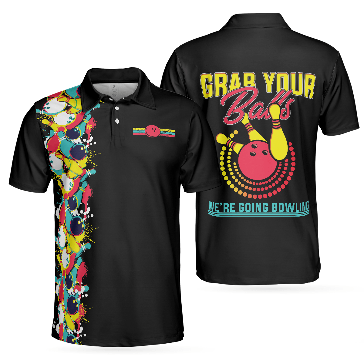 Bowling Men Polo Shirt - Black Bowling Pattern, Grab Your Balls Bowling Polo Shirt For Men - Perfect Gift For Friend, Family, Bowling Lovers - Amzanimalsgift