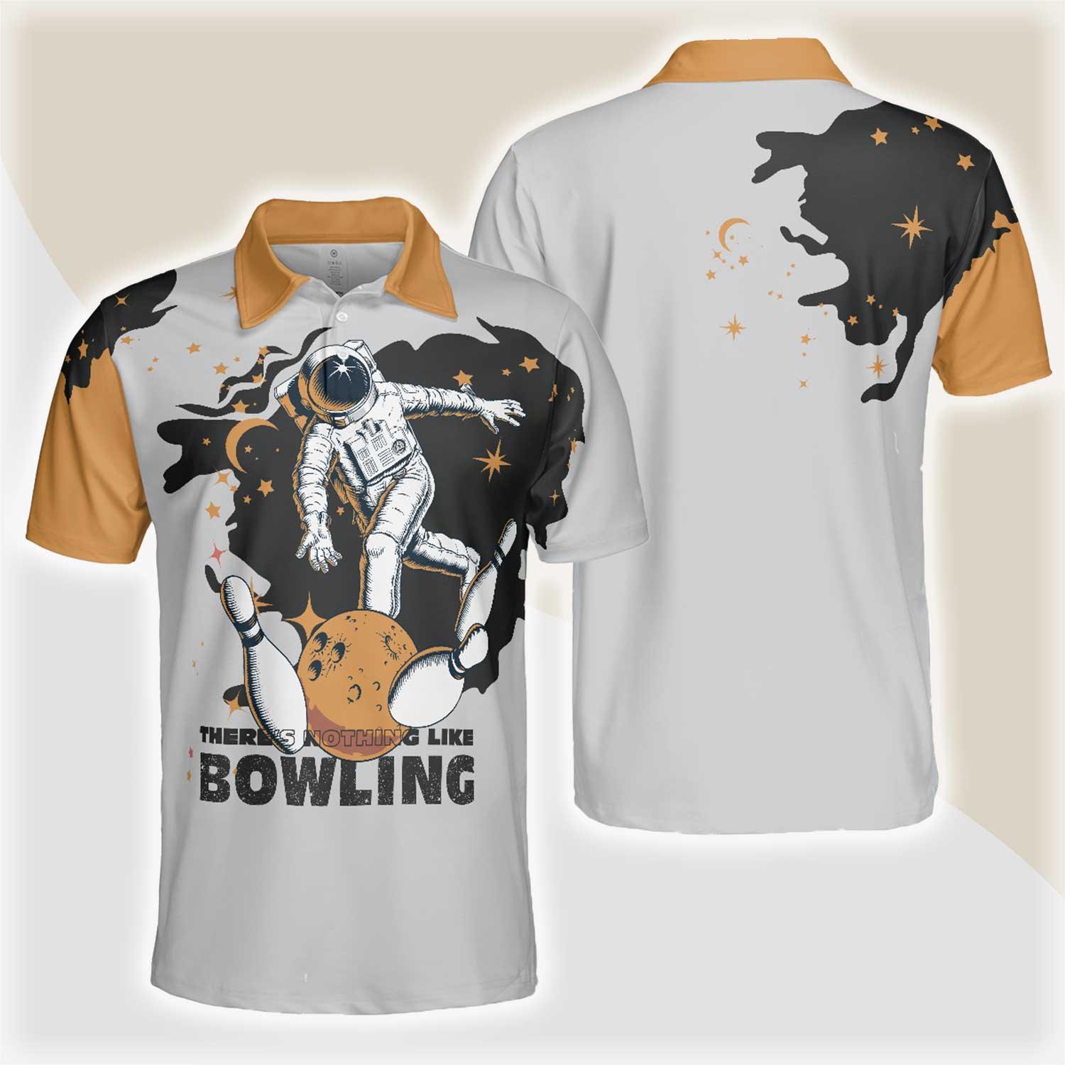 Bowling Men Polo Shirt - Bowling Astronaut in Space , White and Gold Bowling Polo Shirt - Gift For Friend, Family, Bowling Lovers - Amzanimalsgift