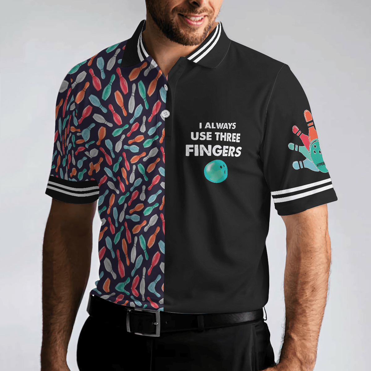 Bowling Men Polo Shirt - Bowling Ball Pattern, I Always Use Three Fingers Polo Shirt - Best Bowling Gift For Men - Perfect Gift For Friend, Family, Bowling Lovers - Amzanimalsgift