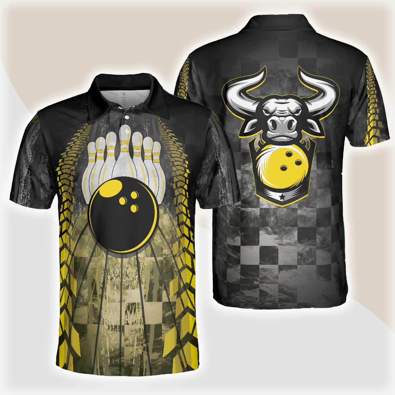 Bowling Men Polo Shirt - Bowling Bull Black And Yellow Bowling, Bull Polo Shirt Bowling Polo Shirt - Gift For Friend, Family, Bowling Lovers - Amzanimalsgift