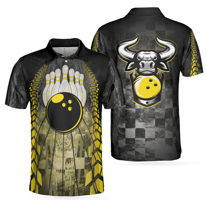 Bowling Men Polo Shirt - Bowling Bull Black And Yellow Bowling, Bull Polo Shirt Bowling Polo Shirt - Gift For Friend, Family, Bowling Lovers - Amzanimalsgift