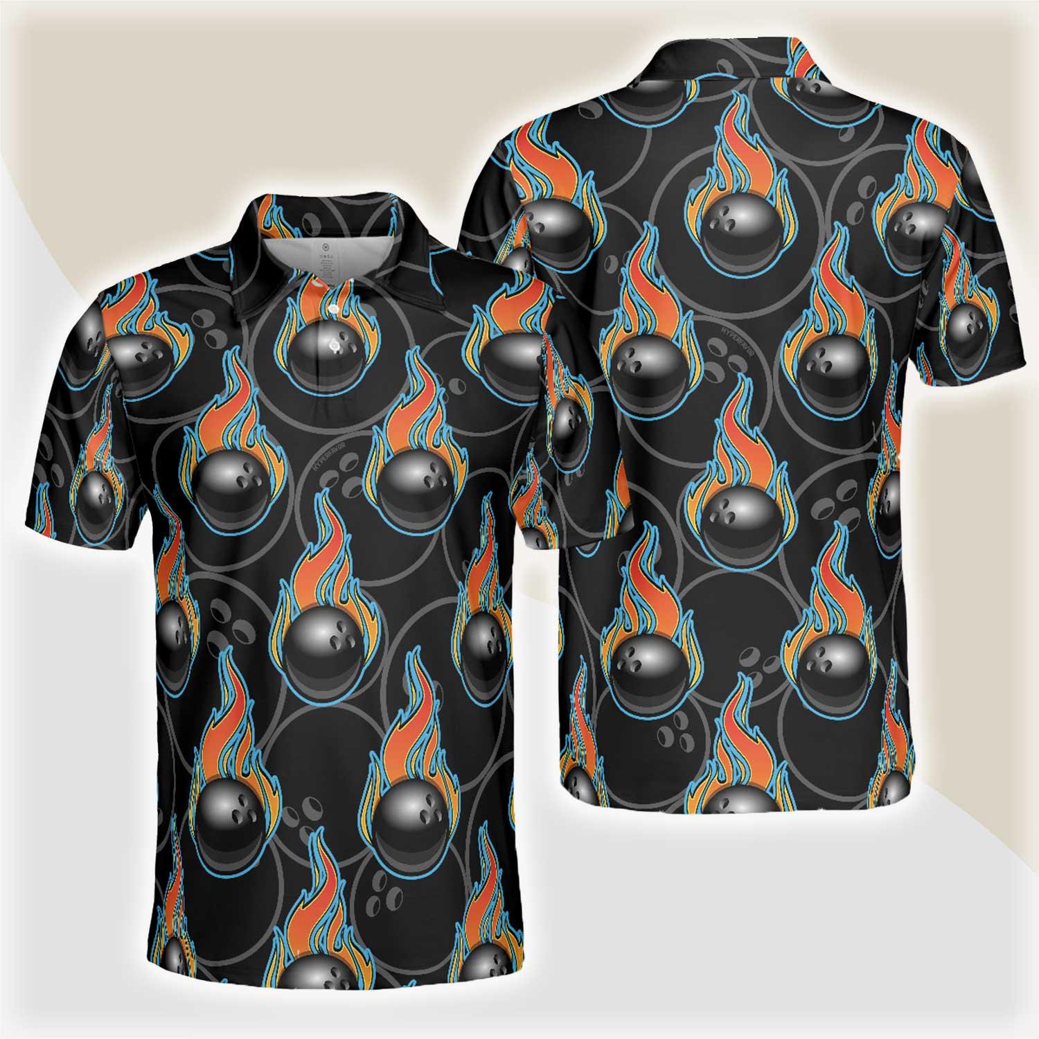 Bowling Men Polo Shirt - Bowling In Fire Seamless Pattern Bowling Polo Shirt - Perfect Gift For Friend, Family, Bowling Lovers - Amzanimalsgift