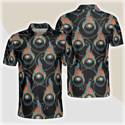 Bowling Men Polo Shirt - Bowling In Fire Seamless Pattern Bowling Polo Shirt - Perfect Gift For Friend, Family, Bowling Lovers - Amzanimalsgift