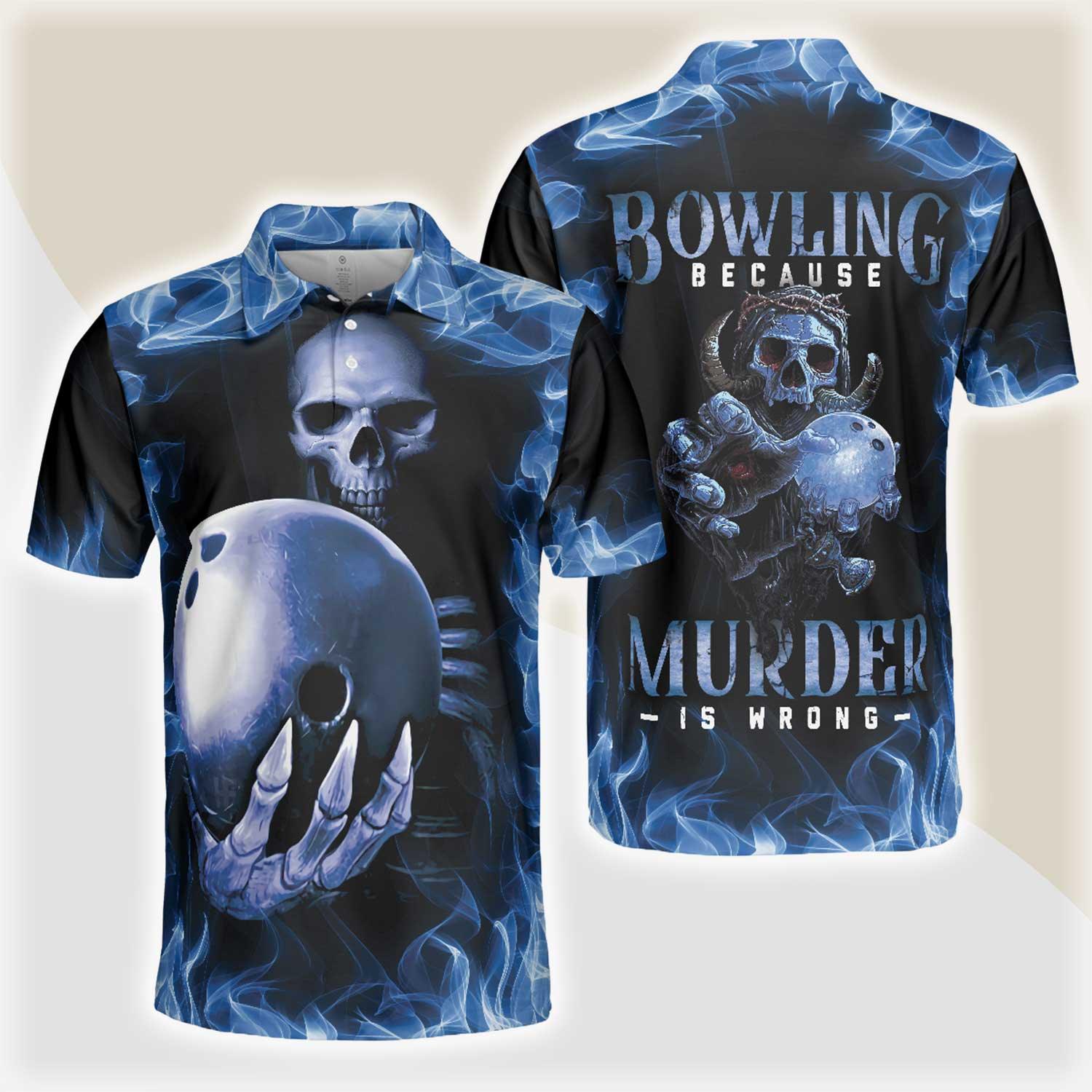Bowling Men Polo Shirt - Bowling Murder Polo Shirt, Blue Flame, Scary Skull Design For Halloween Bowling Polo Shirt - Gift For Friend, Family, Bowling Lovers - Amzanimalsgift