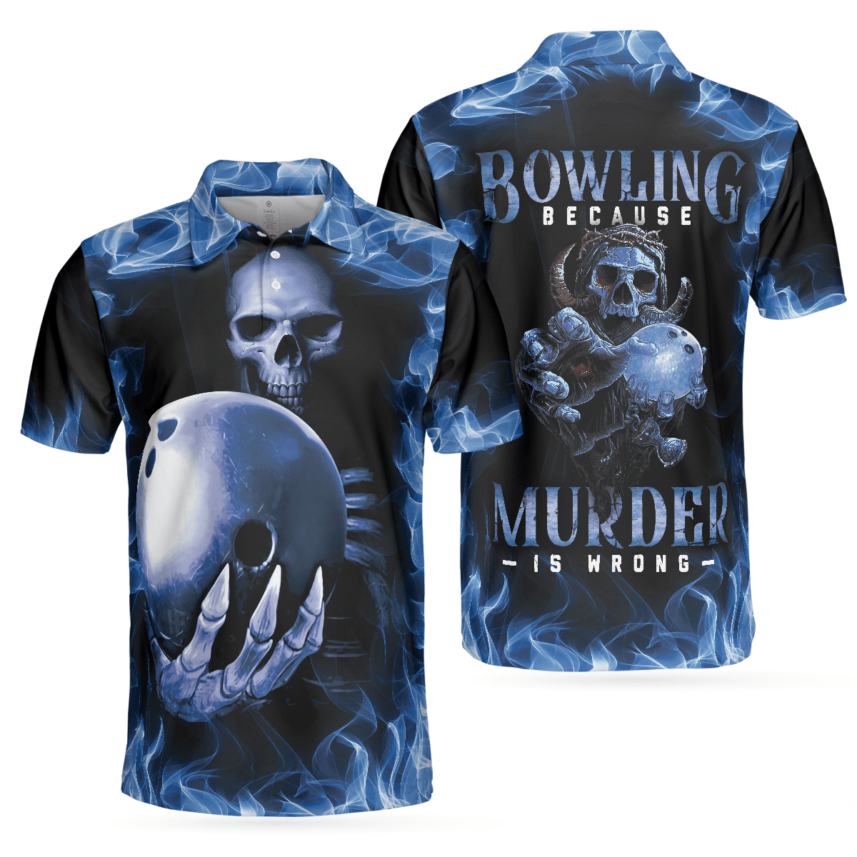 Bowling Men Polo Shirt - Bowling Murder Polo Shirt, Blue Flame, Scary Skull Design For Halloween Bowling Polo Shirt - Gift For Friend, Family, Bowling Lovers - Amzanimalsgift