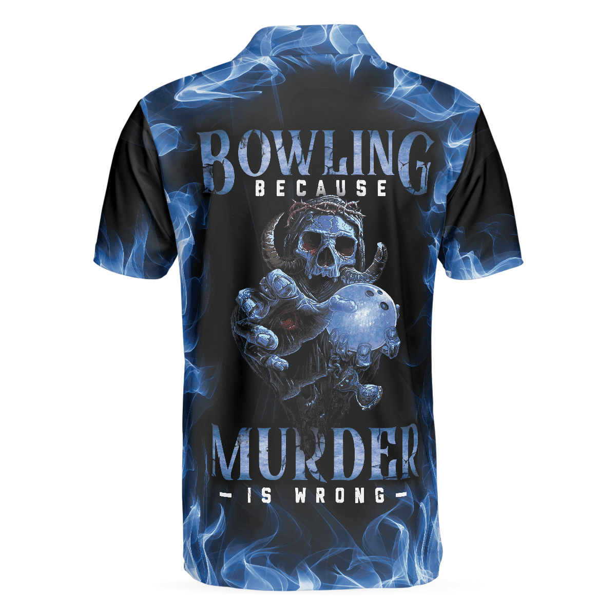 Bowling Men Polo Shirt - Bowling Murder Polo Shirt, Blue Flame, Scary Skull Design For Halloween Bowling Polo Shirt - Gift For Friend, Family, Bowling Lovers - Amzanimalsgift