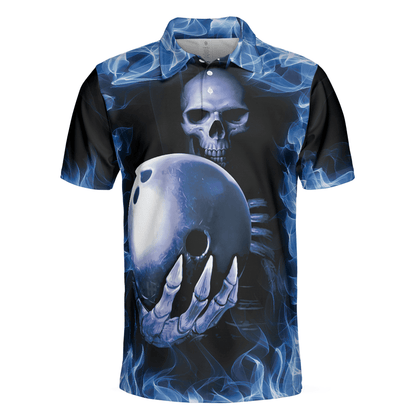Bowling Men Polo Shirt - Bowling Murder Polo Shirt, Blue Flame, Scary Skull Design For Halloween Bowling Polo Shirt - Gift For Friend, Family, Bowling Lovers - Amzanimalsgift