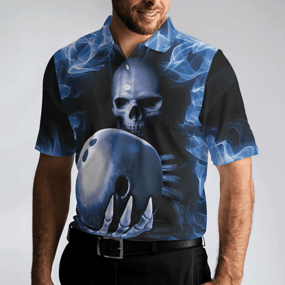 Bowling Men Polo Shirt - Bowling Murder Polo Shirt, Blue Flame, Scary Skull Design For Halloween Bowling Polo Shirt - Gift For Friend, Family, Bowling Lovers - Amzanimalsgift
