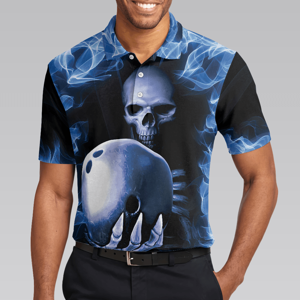 Bowling Men Polo Shirt - Bowling Murder Polo Shirt, Blue Flame, Scary Skull Design For Halloween Bowling Polo Shirt - Gift For Friend, Family, Bowling Lovers - Amzanimalsgift