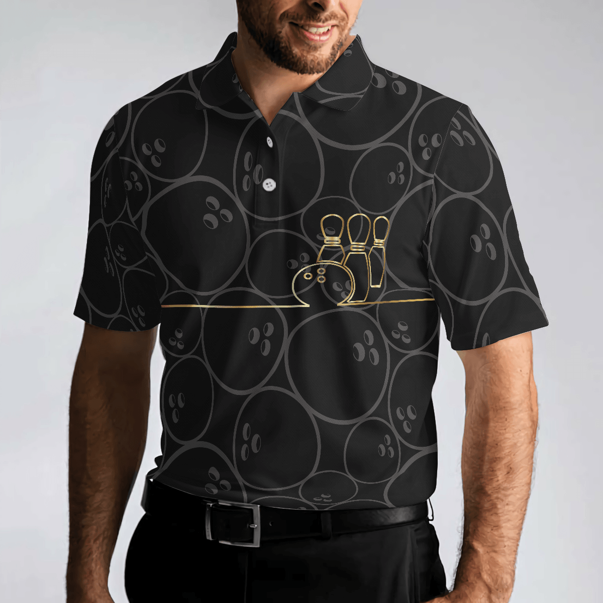 Bowling Men Polo Shirt - Bowling Pattern And Golden Bowling Polo Shirt - Gift For Friend, Family, Bowling Lovers - Amzanimalsgift