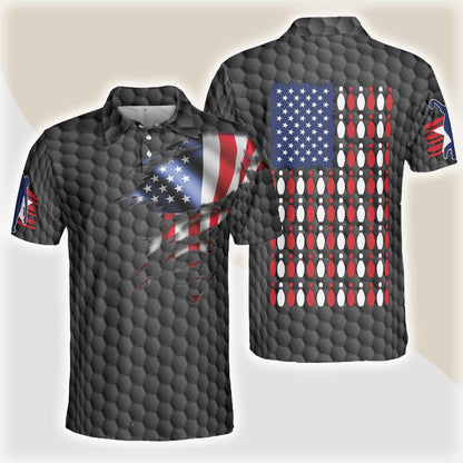 Bowling Men Polo Shirt - Bowling Pin American Flag Polo Shirt, Black Ten Pin Bowling Polo Shirt - Gift For Friend, Family, Bowling Lovers - Amzanimalsgift