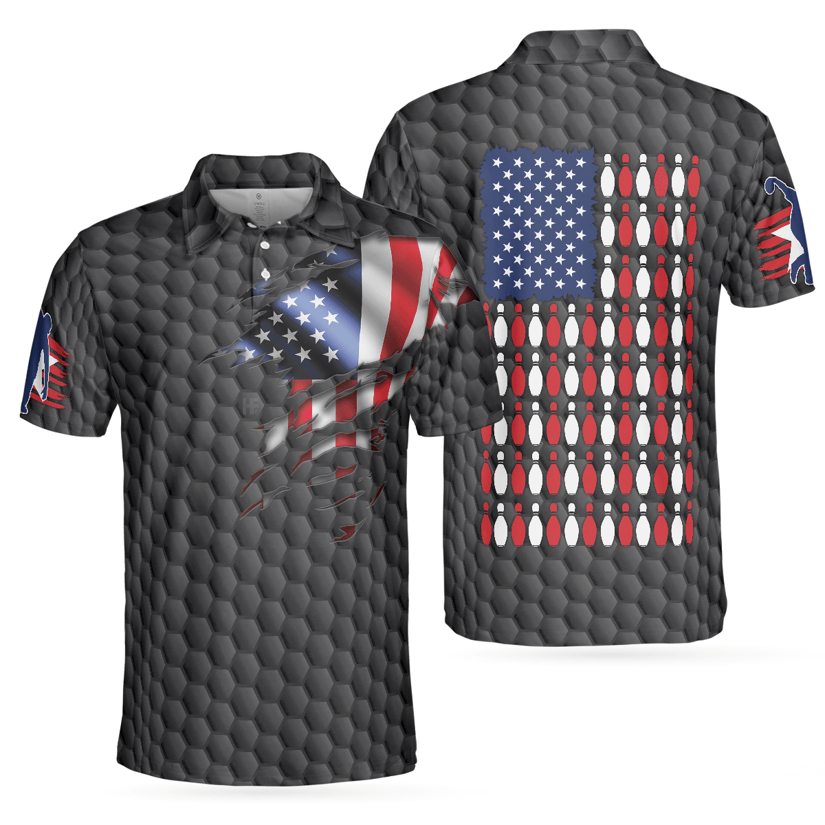 Bowling Men Polo Shirt - Bowling Pin American Flag Polo Shirt, Black Ten Pin Bowling Polo Shirt - Gift For Friend, Family, Bowling Lovers - Amzanimalsgift