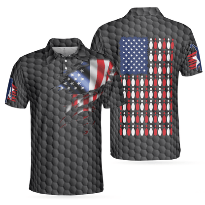 Bowling Men Polo Shirt - Bowling Pin American Flag Polo Shirt, Black Ten Pin Bowling Polo Shirt - Gift For Friend, Family, Bowling Lovers - Amzanimalsgift