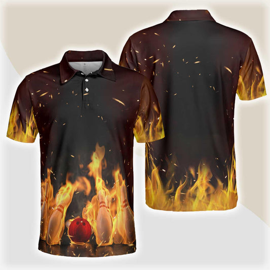 Bowling Men Polo Shirt - Bowling Pin With Fire Polo Shirt, Bowling Fire Bowling Polo Shirt - Gift For Friend, Family, Bowling Lovers - Amzanimalsgift