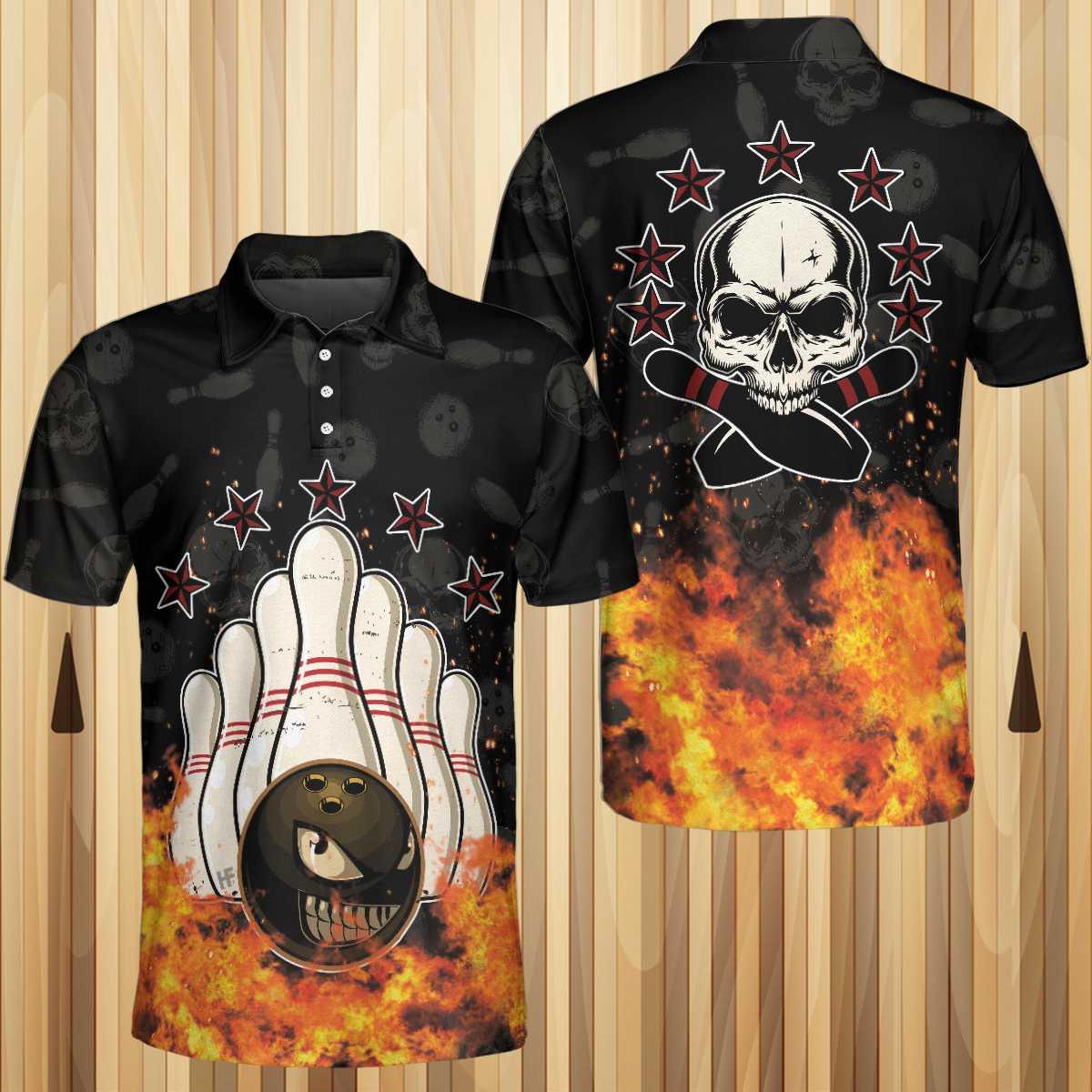 Bowling Men Polo Shirt - Bowling Skull And Monster Ball, Skull Star Fire Bowling Polo Shirt - Gift For Friend, Family, Bowling Lovers - Amzanimalsgift