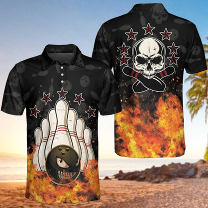 Bowling Men Polo Shirt - Bowling Skull And Monster Ball, Skull Star Fire Bowling Polo Shirt - Gift For Friend, Family, Bowling Lovers - Amzanimalsgift
