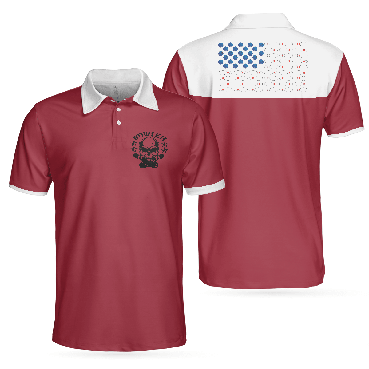 Bowling Men Polo Shirt - Bowling Skull Polo Shirt, American Flag Bowling Polo Shirt - Gift For Friend, Family, Bowling Lovers - Amzanimalsgift