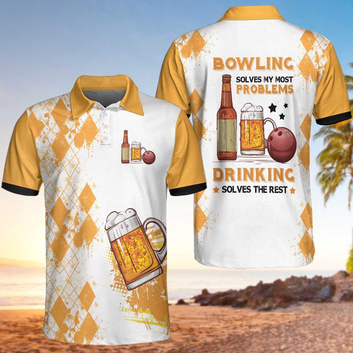 Bowling Men Polo Shirt - Bowling Solves My Most Problems Drinking Solves The Rest, Argyle Pattern Beer Bowling Polo Shirt - Gift For Friend, Family, Bowling Lovers - Amzanimalsgift