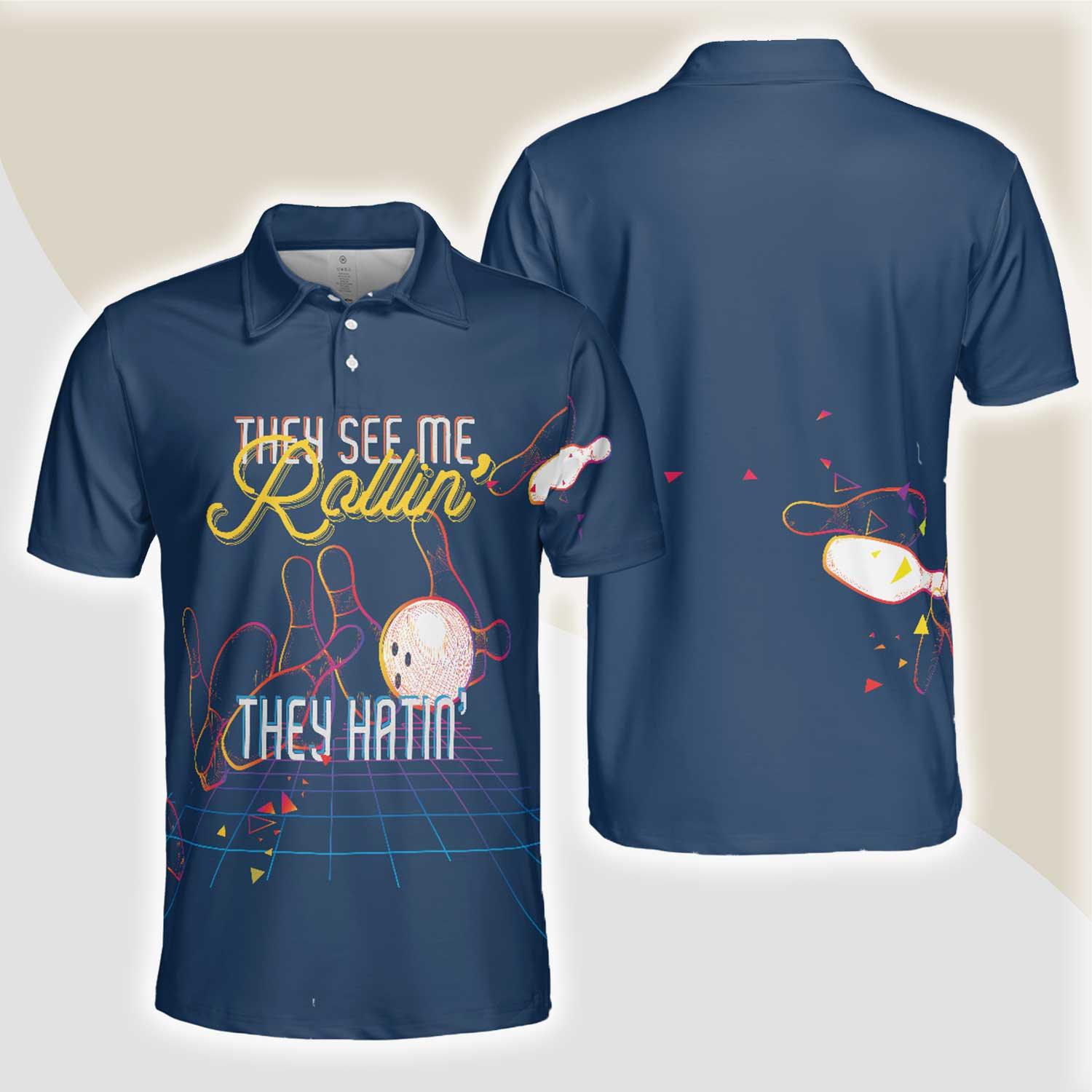 Bowling Men Polo Shirt - Bowling They see me Rollin’ They Hatin’ , Light Art Bowling Polo Shirt - Gift For Friend, Family, Bowling Lovers - Amzanimalsgift