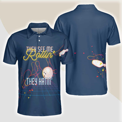 Bowling Men Polo Shirt - Bowling They see me Rollin’ They Hatin’ , Light Art Bowling Polo Shirt - Gift For Friend, Family, Bowling Lovers - Amzanimalsgift