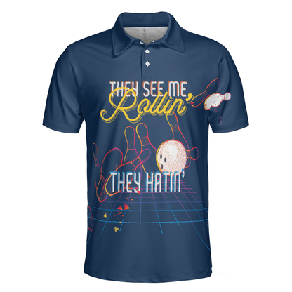 Bowling Men Polo Shirt - Bowling They see me Rollin’ They Hatin’ , Light Art Bowling Polo Shirt - Gift For Friend, Family, Bowling Lovers - Amzanimalsgift