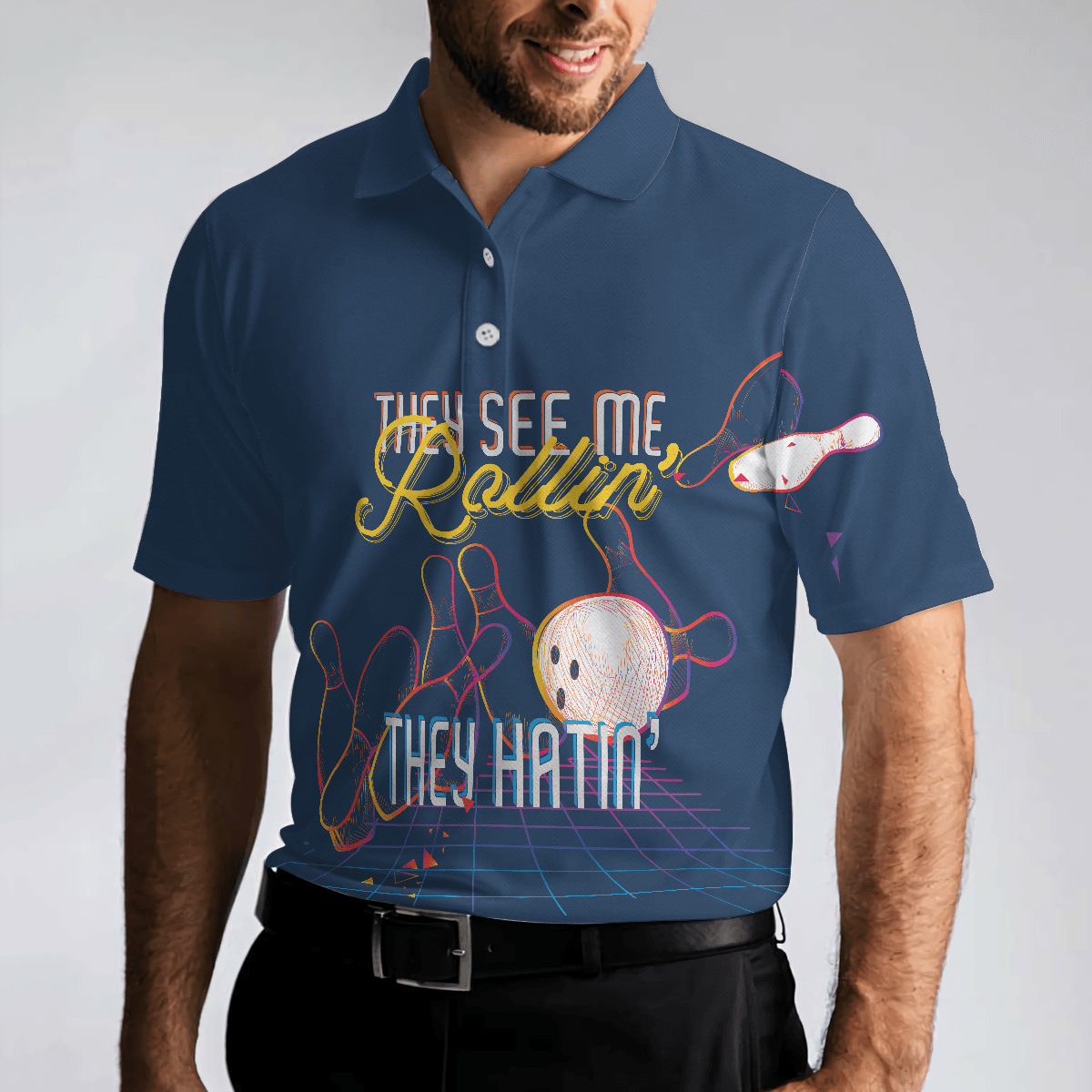 Bowling Men Polo Shirt - Bowling They see me Rollin’ They Hatin’ , Light Art Bowling Polo Shirt - Gift For Friend, Family, Bowling Lovers - Amzanimalsgift