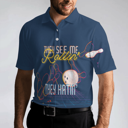 Bowling Men Polo Shirt - Bowling They see me Rollin’ They Hatin’ , Light Art Bowling Polo Shirt - Gift For Friend, Family, Bowling Lovers - Amzanimalsgift