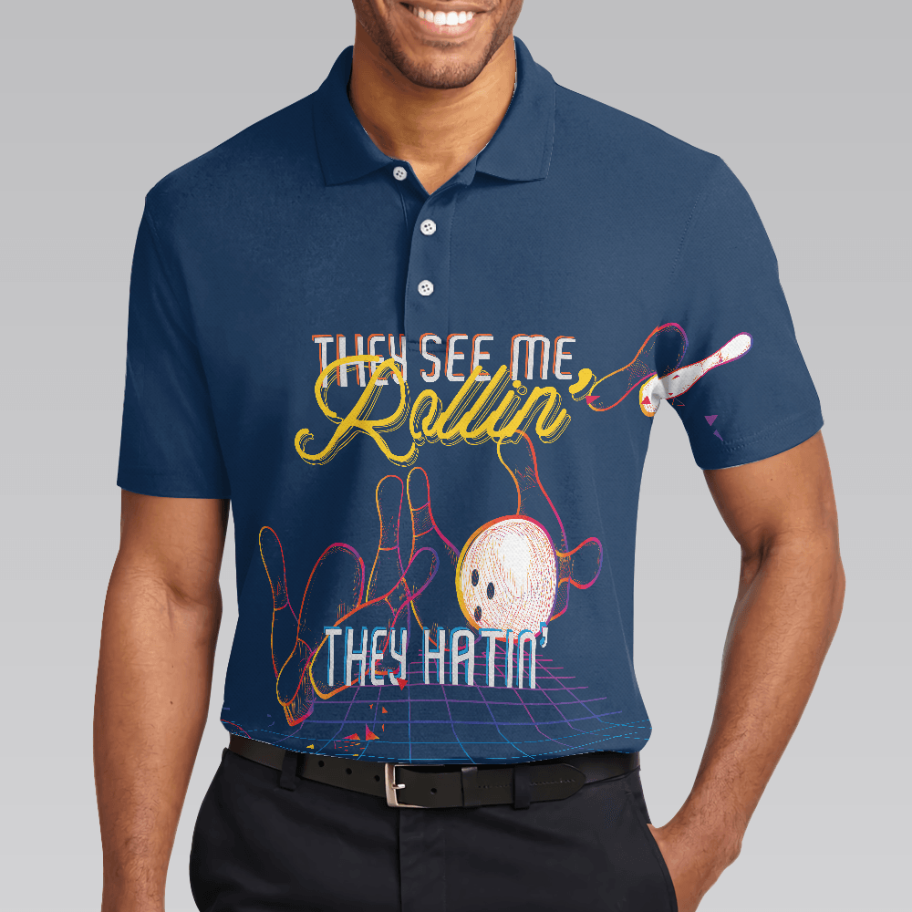 Bowling Men Polo Shirt - Bowling They see me Rollin’ They Hatin’ , Light Art Bowling Polo Shirt - Gift For Friend, Family, Bowling Lovers - Amzanimalsgift