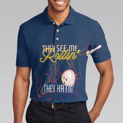 Bowling Men Polo Shirt - Bowling They see me Rollin’ They Hatin’ , Light Art Bowling Polo Shirt - Gift For Friend, Family, Bowling Lovers - Amzanimalsgift