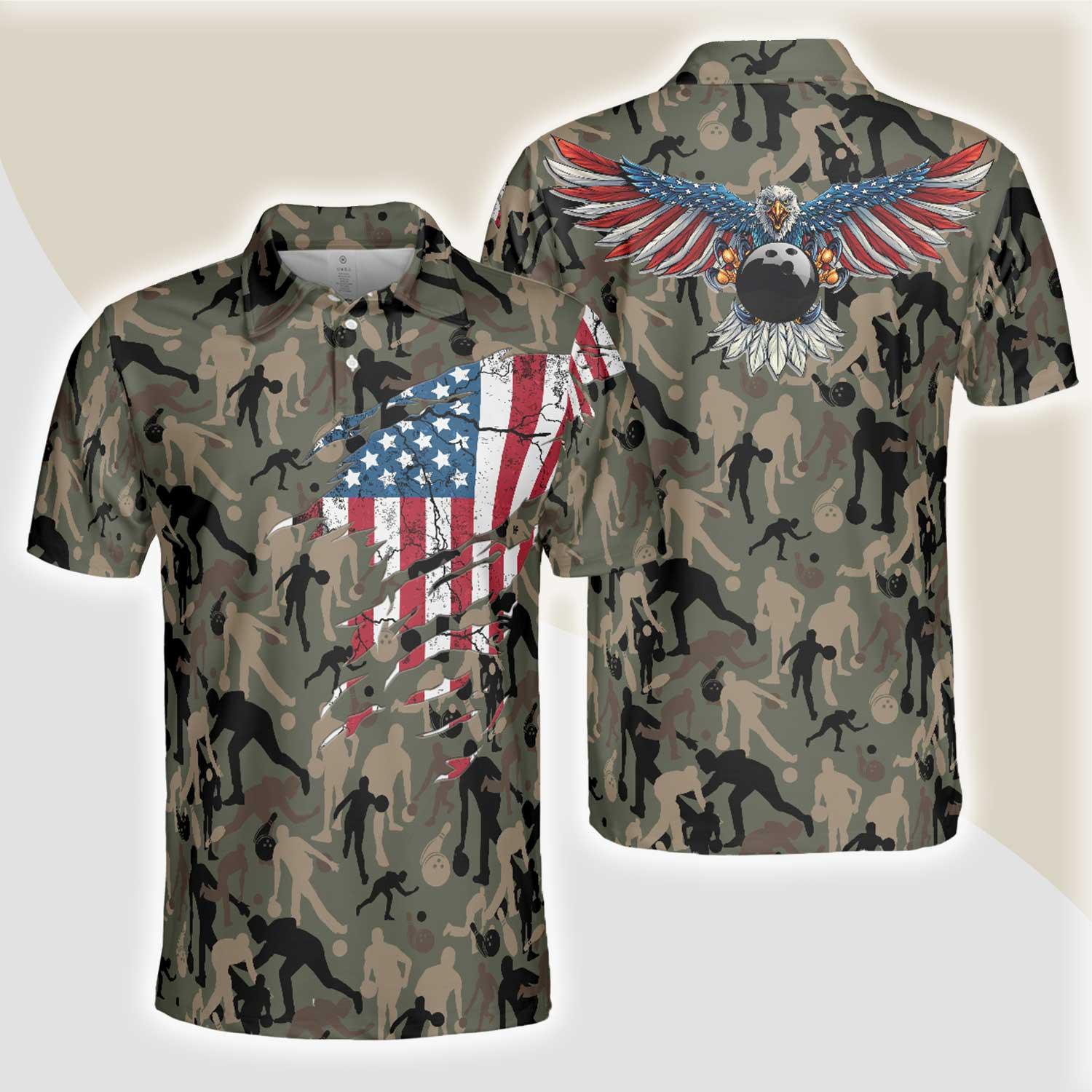 Bowling Men Polo Shirt - Camouflage American Eagle Flag Bowling Polo Shirt - Perfect Gift For Friend, Family, Bowling Lovers - Amzanimalsgift