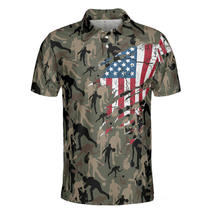 Bowling Men Polo Shirt - Camouflage American Eagle Flag Bowling Polo Shirt - Perfect Gift For Friend, Family, Bowling Lovers - Amzanimalsgift