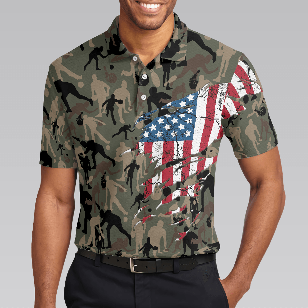 Bowling Men Polo Shirt - Camouflage American Eagle Flag Bowling Polo Shirt - Perfect Gift For Friend, Family, Bowling Lovers - Amzanimalsgift