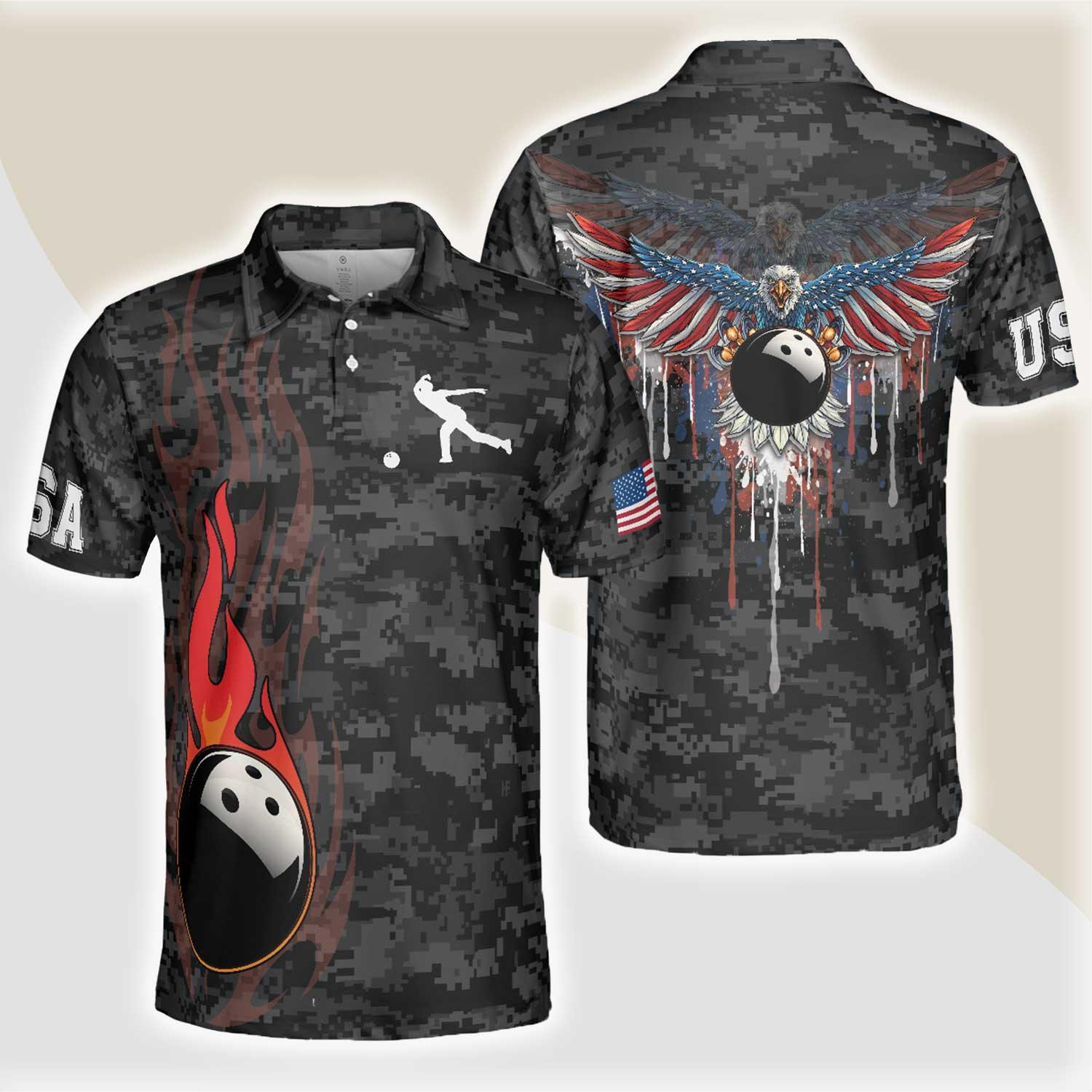 Bowling Men Polo Shirt - Camouflage USA Flag, America Eagle Patriotic Bowling Polo Shirt For Men - Perfect Gift For Friend, Family, Bowling Lovers - Amzanimalsgift