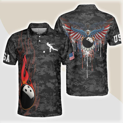 Bowling Men Polo Shirt - Camouflage USA Flag, America Eagle Patriotic Bowling Polo Shirt For Men - Perfect Gift For Friend, Family, Bowling Lovers - Amzanimalsgift