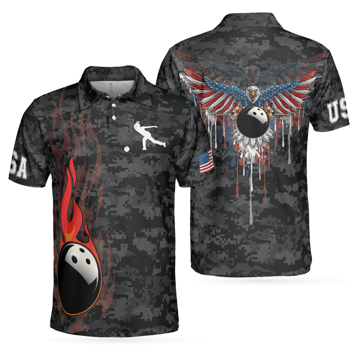 Bowling Men Polo Shirt - Camouflage USA Flag, America Eagle Patriotic Bowling Polo Shirt For Men - Perfect Gift For Friend, Family, Bowling Lovers - Amzanimalsgift