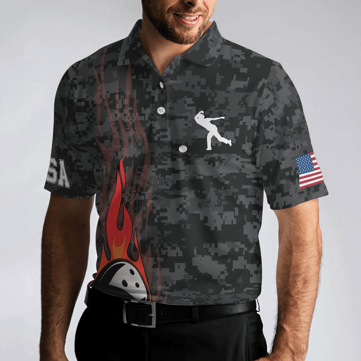 Bowling Men Polo Shirt - Camouflage USA Flag, America Eagle Patriotic Bowling Polo Shirt For Men - Perfect Gift For Friend, Family, Bowling Lovers - Amzanimalsgift