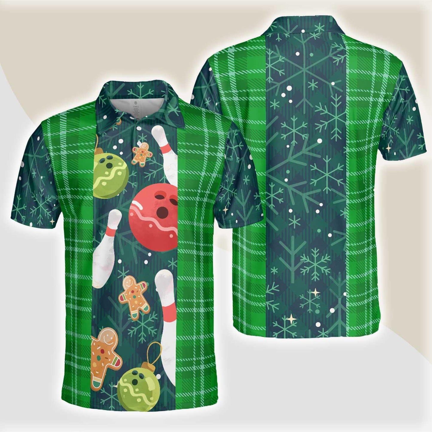 Bowling Men Polo Shirt - Christmas Bowling Decoration Light with Flannel Plaid Pattern Bowling Polo Shirt - Gift For Friend, Family, Bowling Lovers - Amzanimalsgift