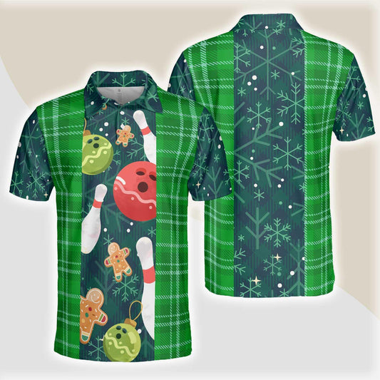 Bowling Men Polo Shirt - Christmas Bowling Decoration Light with Flannel Plaid Pattern Bowling Polo Shirt - Gift For Friend, Family, Bowling Lovers - Amzanimalsgift