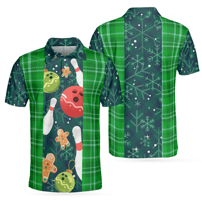 Bowling Men Polo Shirt - Christmas Bowling Decoration Light with Flannel Plaid Pattern Bowling Polo Shirt - Gift For Friend, Family, Bowling Lovers - Amzanimalsgift