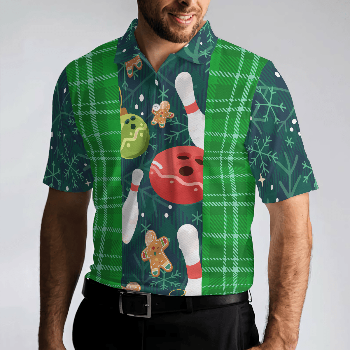 Bowling Men Polo Shirt - Christmas Bowling Decoration Light with Flannel Plaid Pattern Bowling Polo Shirt - Gift For Friend, Family, Bowling Lovers - Amzanimalsgift