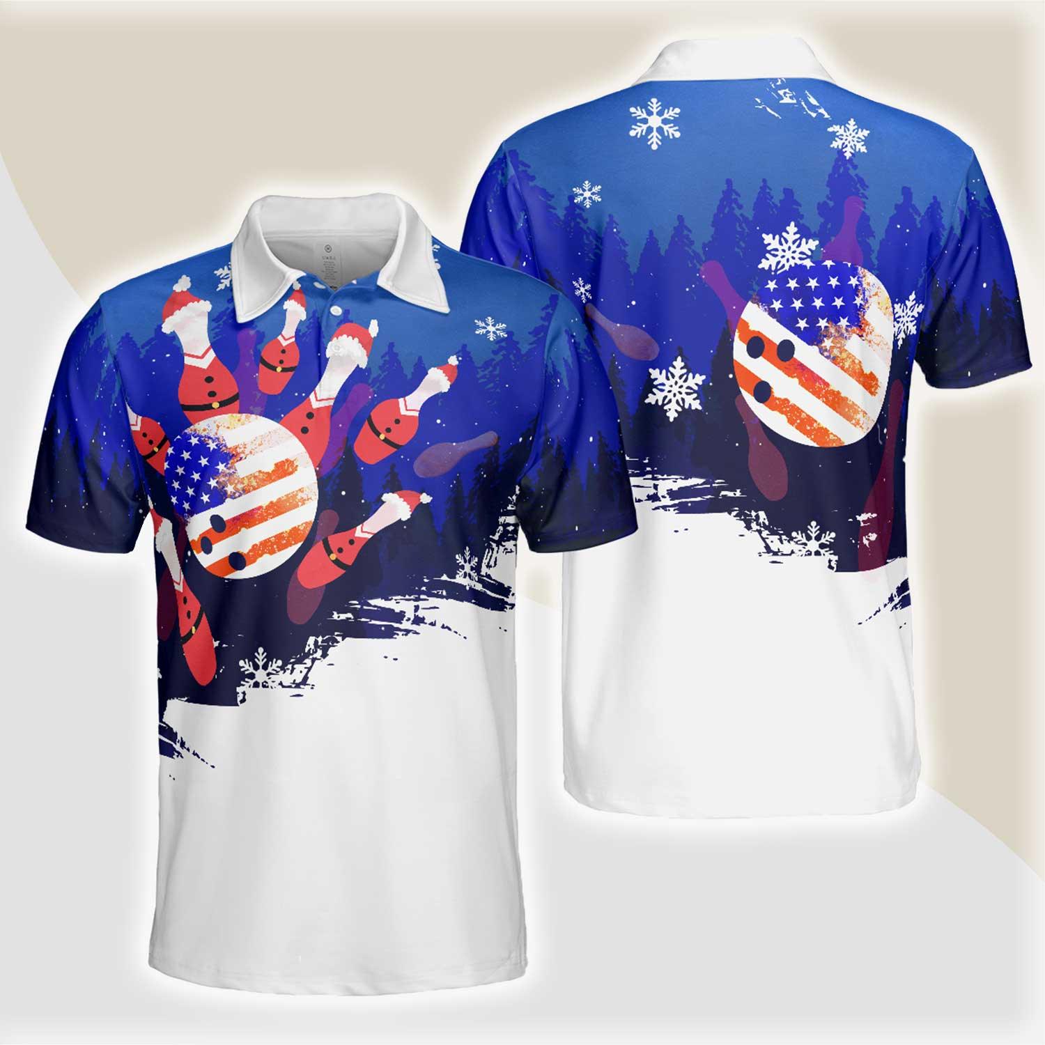Bowling Men Polo Shirt - Christmas Bowling with Santa Pins Men Polo Shirts, American Flag Bowling Polo Shirt - Gift For Friend, Family, Bowling Lovers - Amzanimalsgift