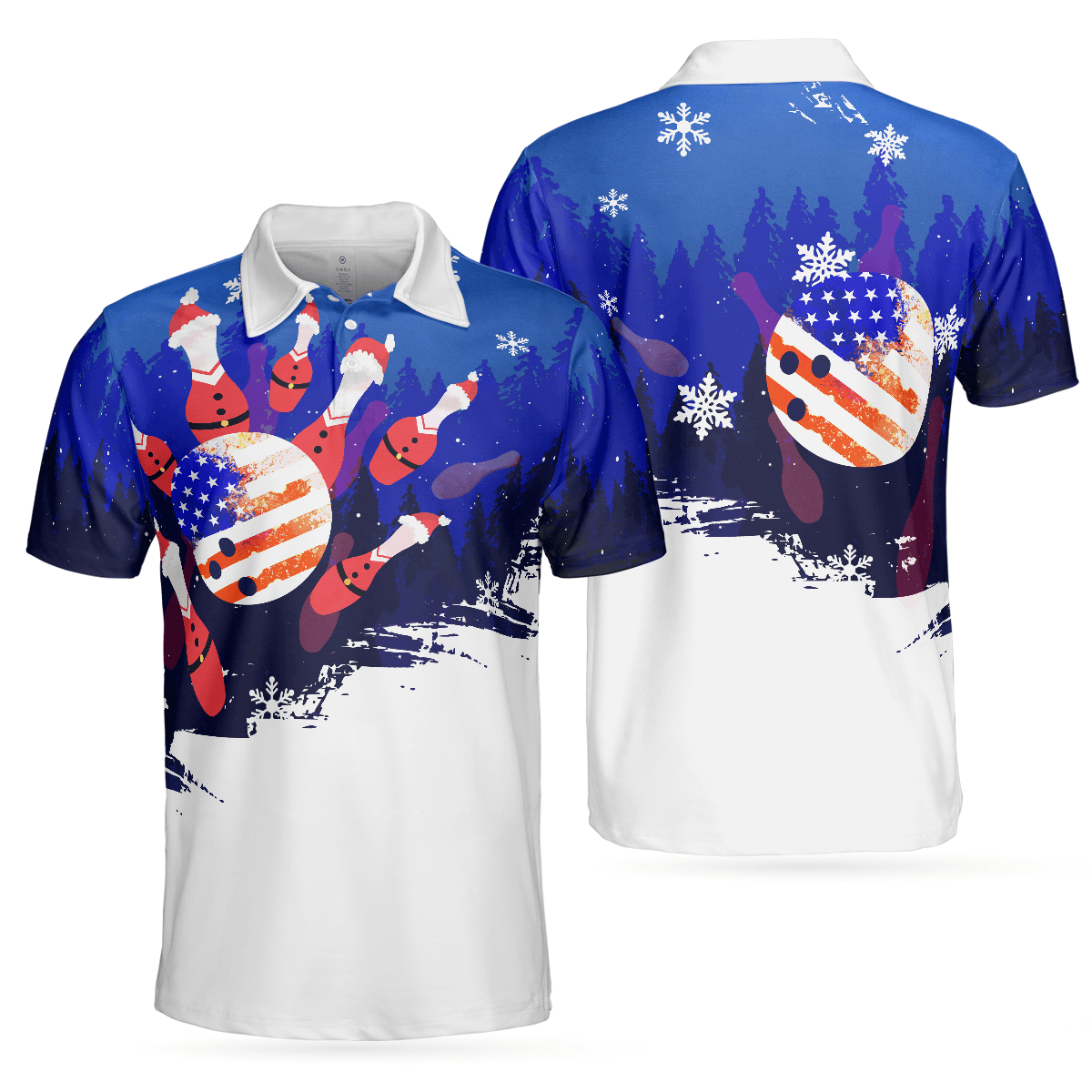 Bowling Men Polo Shirt - Christmas Bowling with Santa Pins Men Polo Shirts, American Flag Bowling Polo Shirt - Gift For Friend, Family, Bowling Lovers - Amzanimalsgift