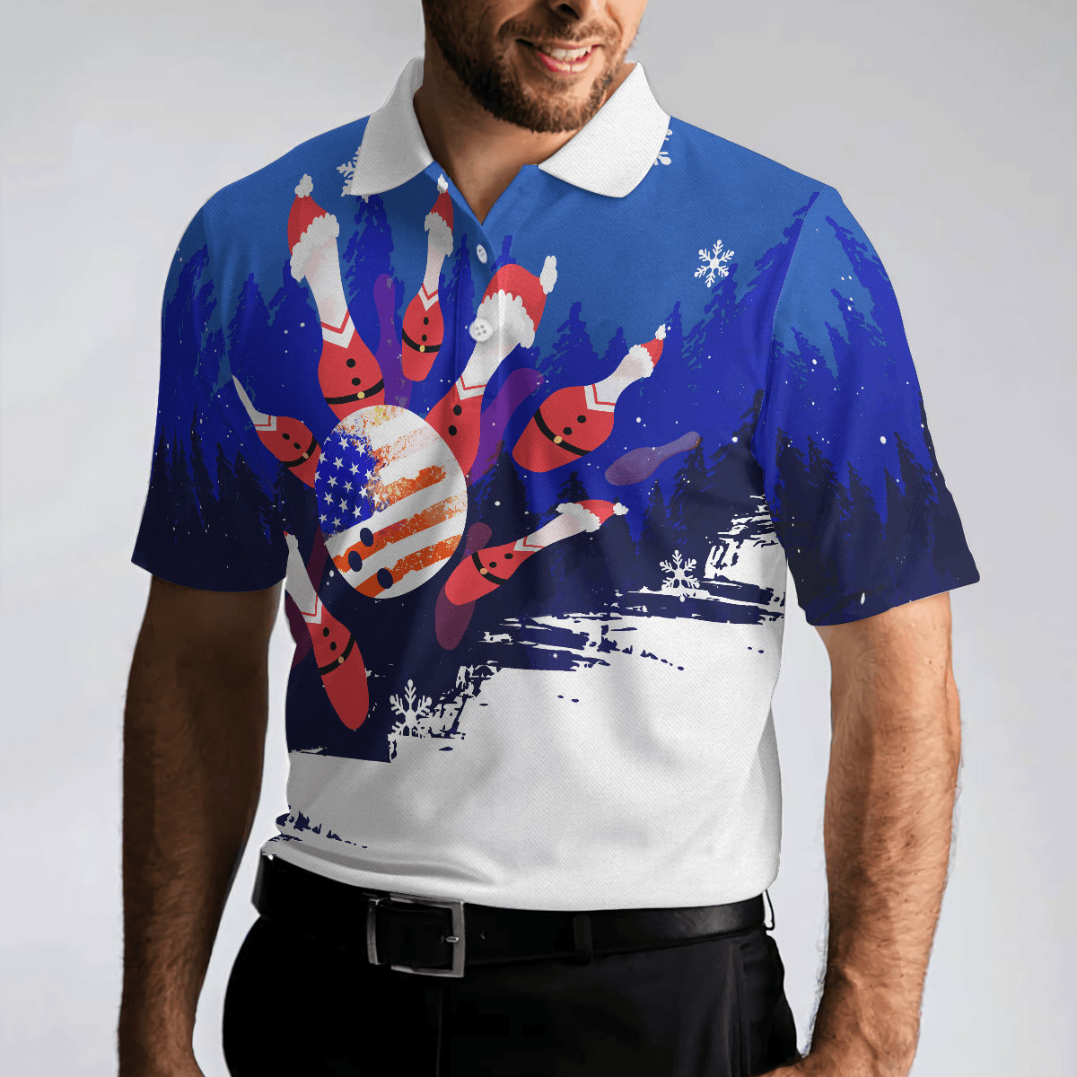 Bowling Men Polo Shirt - Christmas Bowling with Santa Pins Men Polo Shirts, American Flag Bowling Polo Shirt - Gift For Friend, Family, Bowling Lovers - Amzanimalsgift