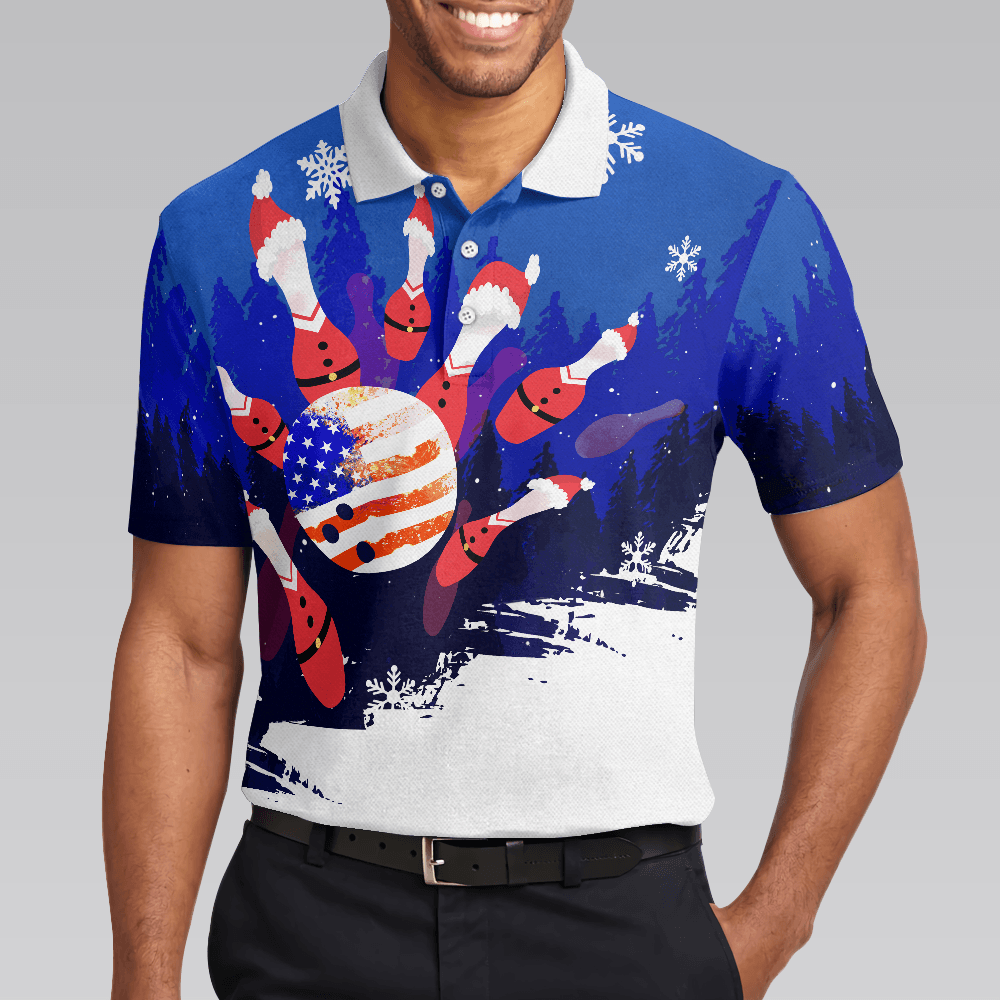 Bowling Men Polo Shirt - Christmas Bowling with Santa Pins Men Polo Shirts, American Flag Bowling Polo Shirt - Gift For Friend, Family, Bowling Lovers - Amzanimalsgift