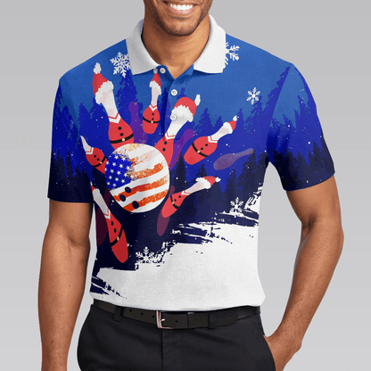 Bowling Men Polo Shirt - Christmas Bowling with Santa Pins Men Polo Shirts, American Flag Bowling Polo Shirt - Gift For Friend, Family, Bowling Lovers - Amzanimalsgift